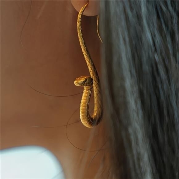 Bold Golden Cobra Snake Drop Earrings - Picture 1 of 5